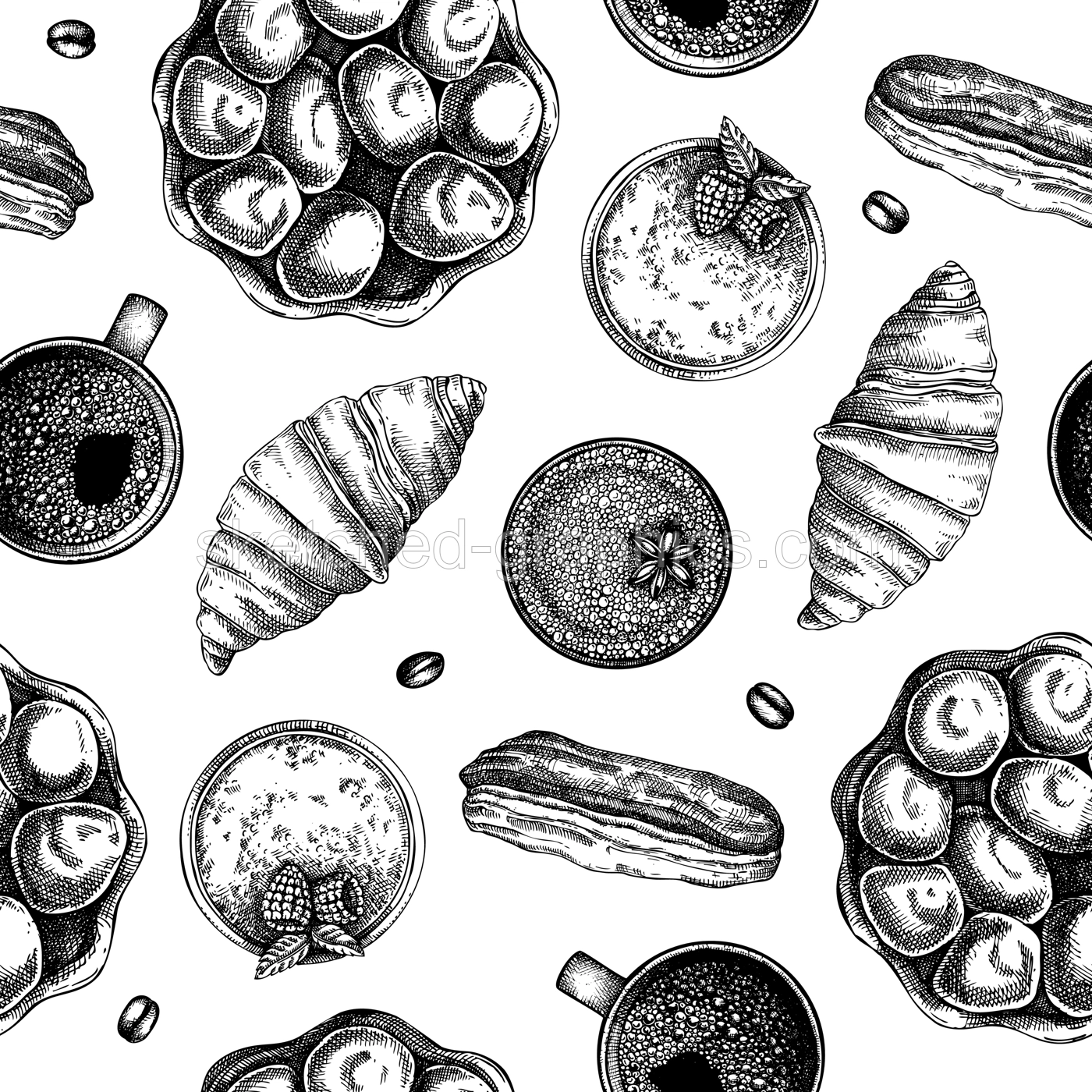 French pastries seamless pattern. Vintage bakery sketches. European cafe menu design. France background. Hand-drawn vector illustration, NOT AI generated Illustration